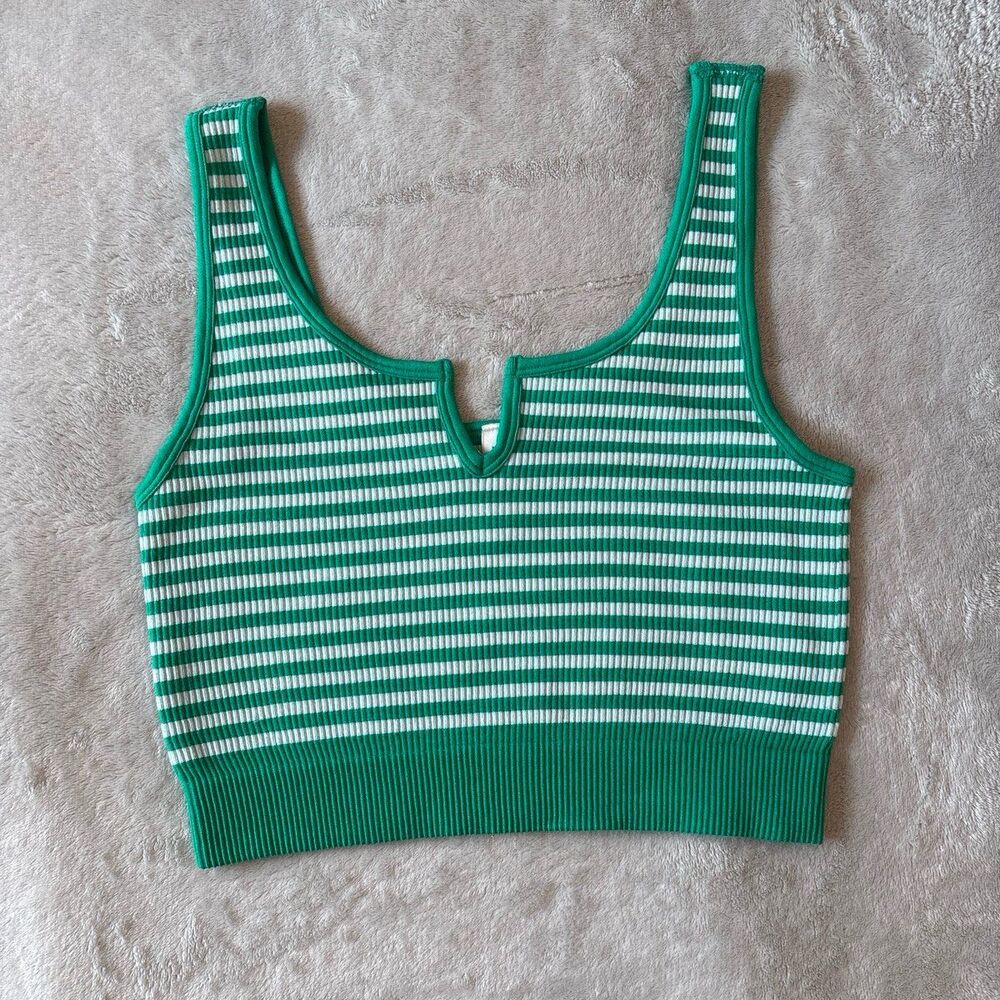 Zenana bralette crop top tank top stripes notch neckline wide strap green white
